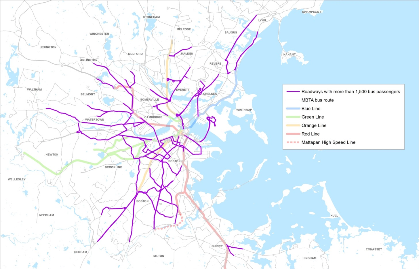 Map showing high-ridership bus corridors in the MBTA region.