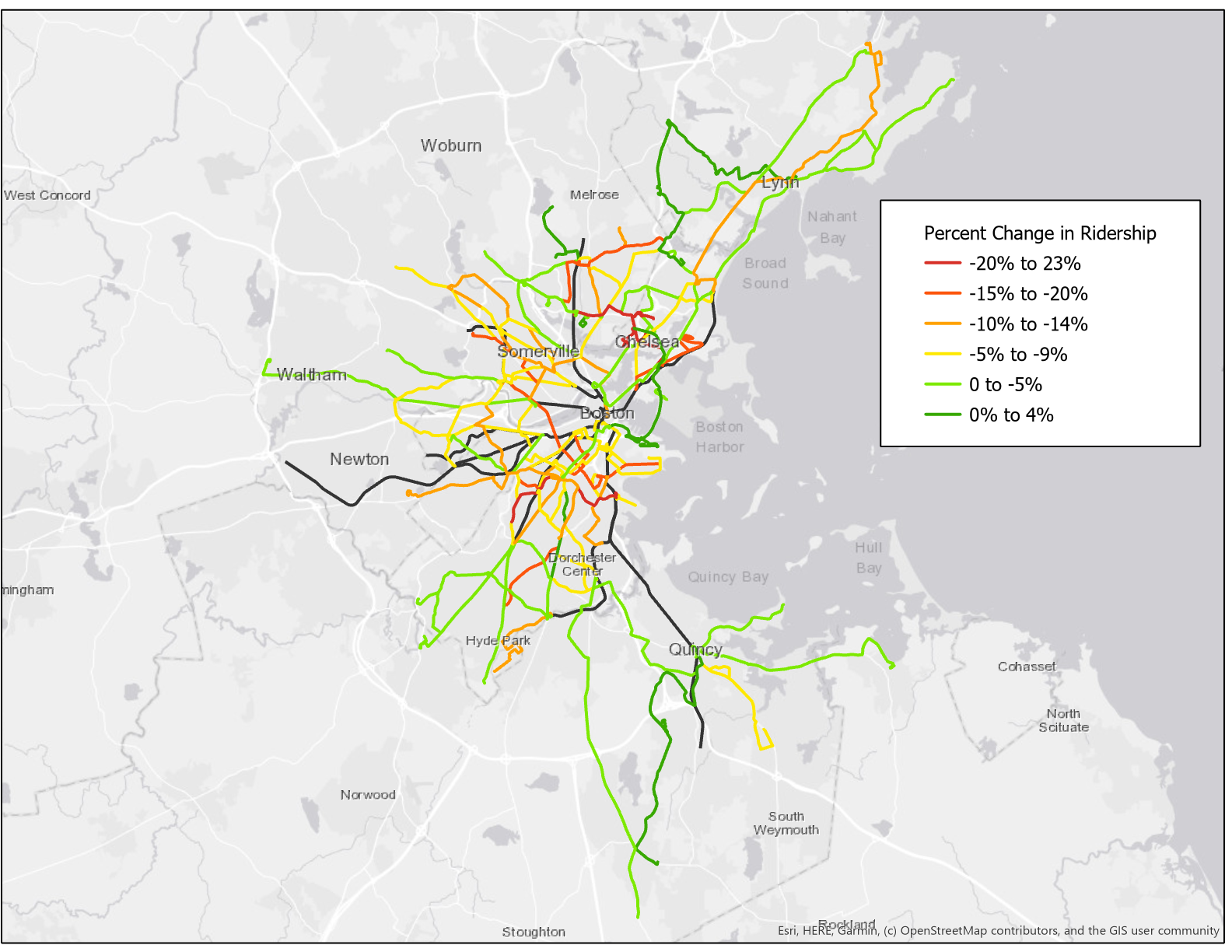Map of the change in ridership by route before and after resumption of fare collection.