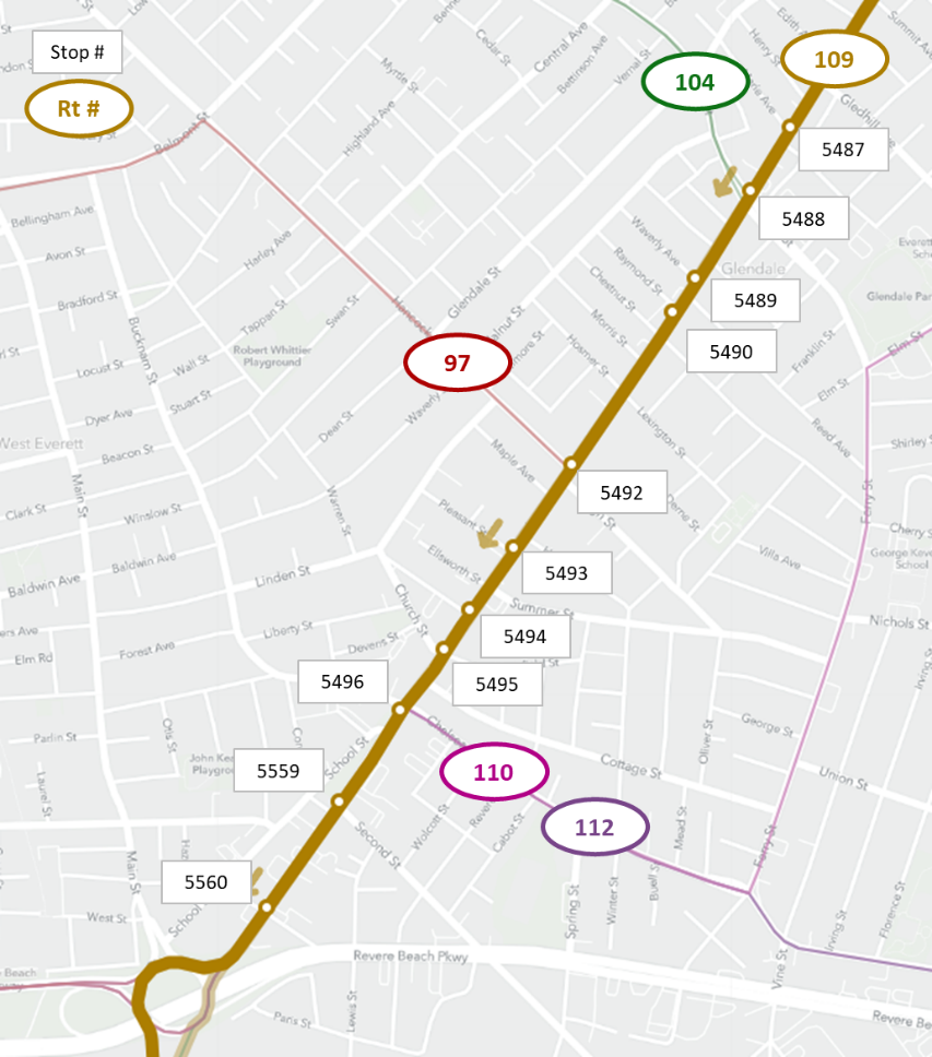 Map showing Broadway Street in Everett, which is covered by Route 109, and connections to Routes 104, 97, and 110/112