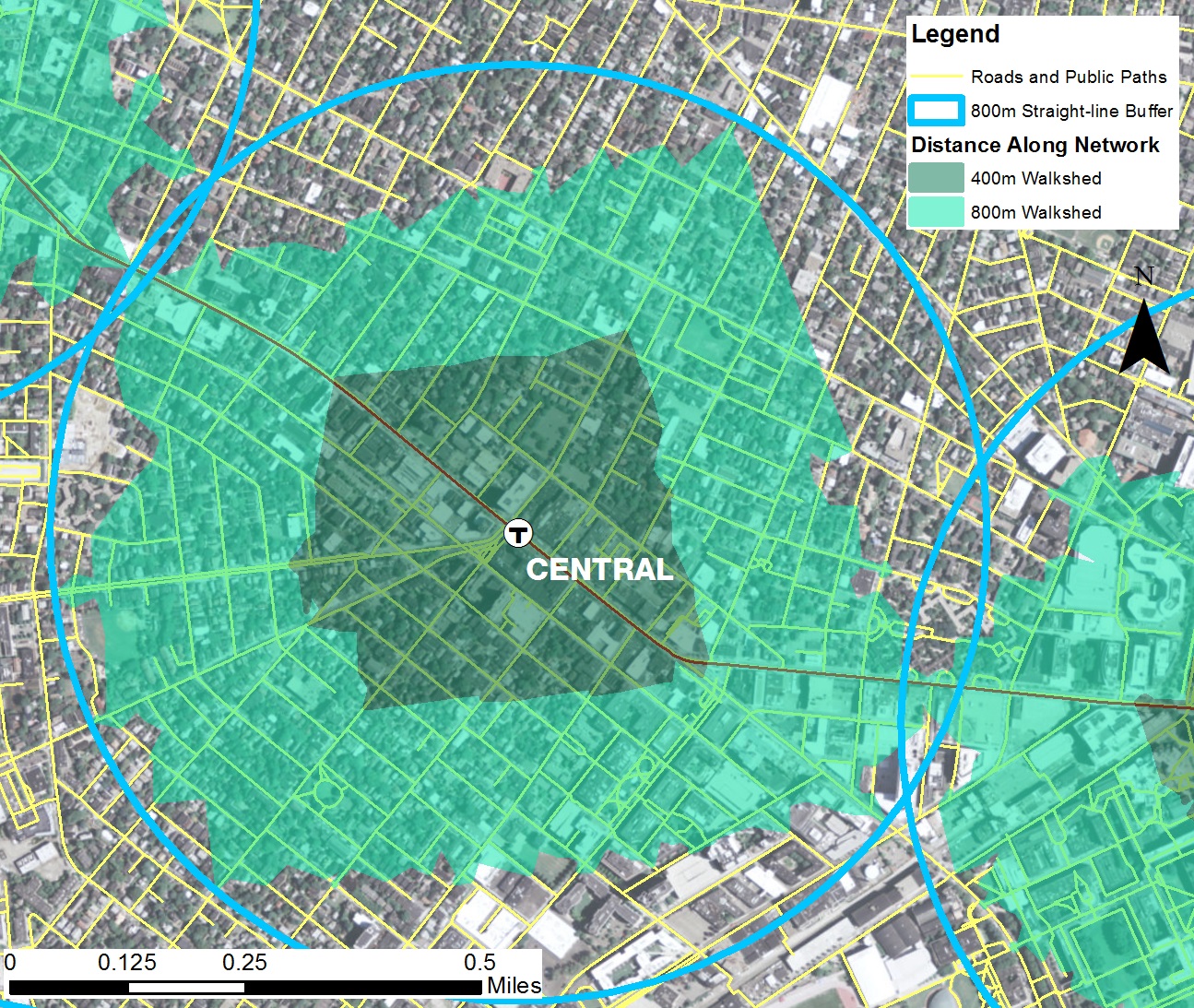 Walkshed map of area around Central Station