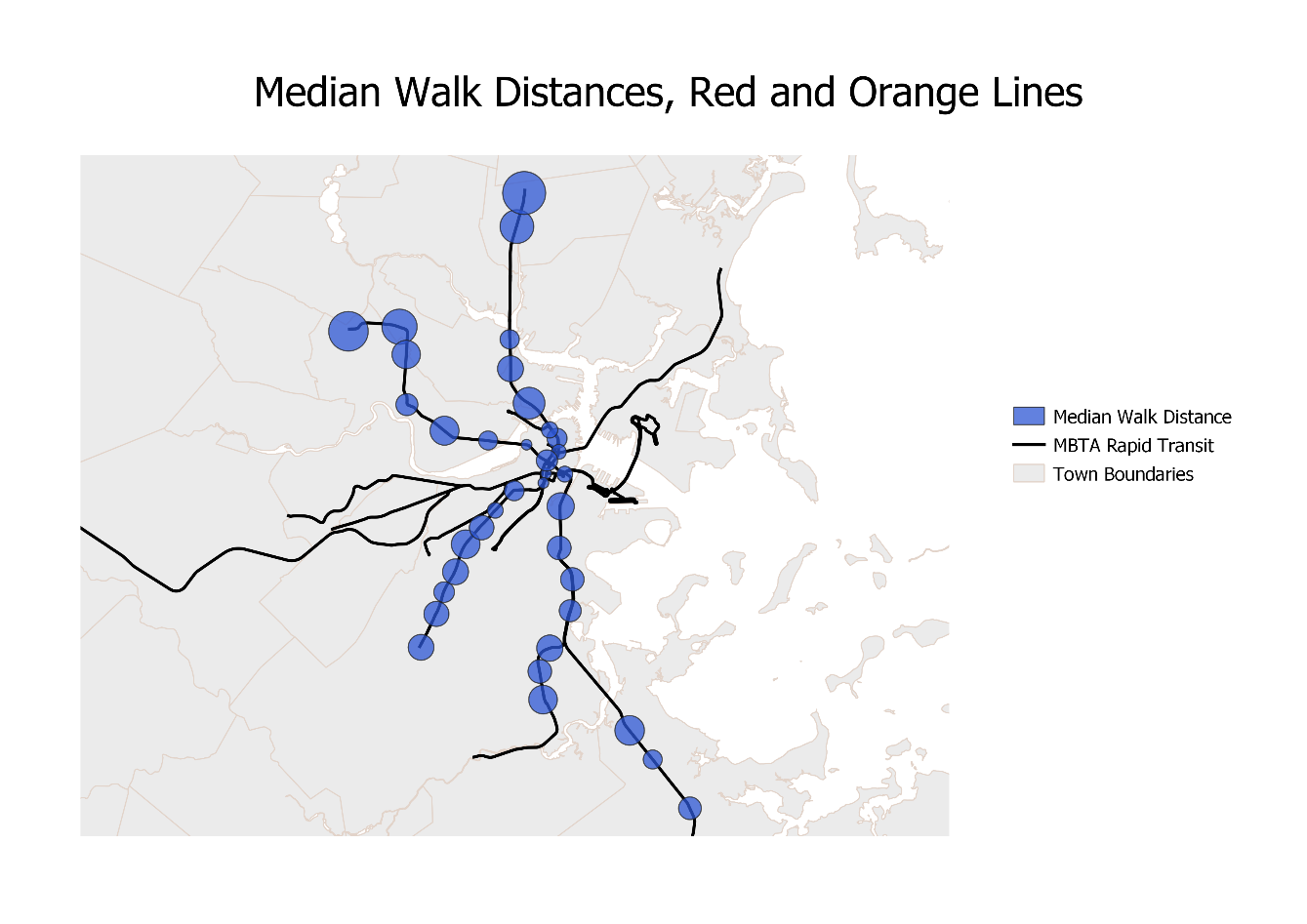 An image of the median walk distances for the Red and Orange Lines. Walk distances are longer on the terminals. The medians are generally smaller than the means.