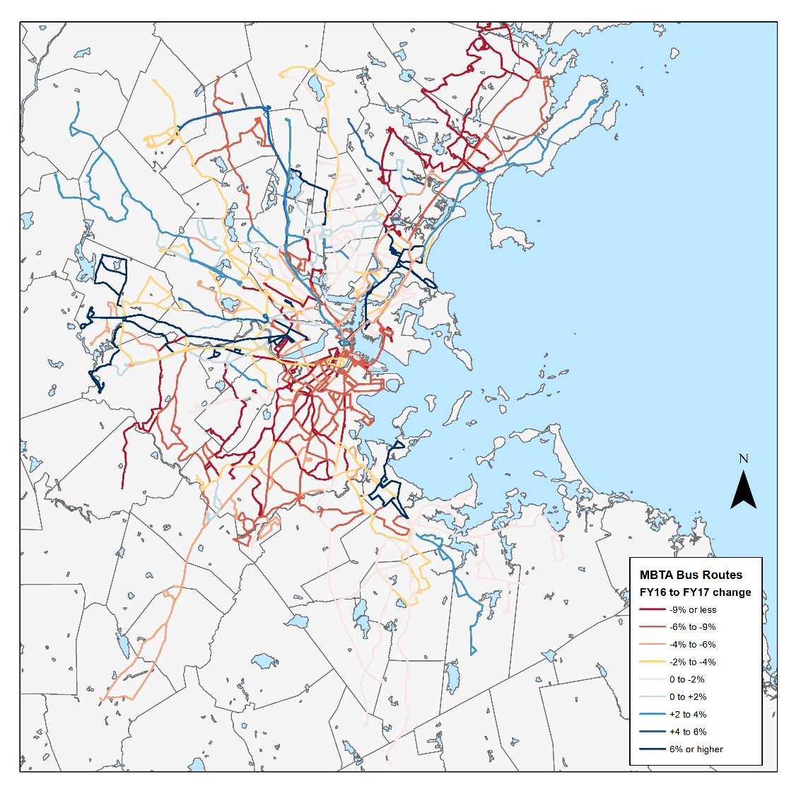 Map showing the change in ridership among MBTA bus routes as they exist spatially.