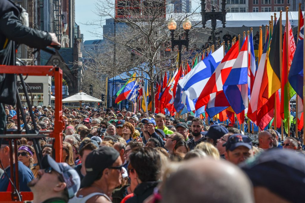 Photo of Copley Square crowded with people during the Boston Marathon, 2014