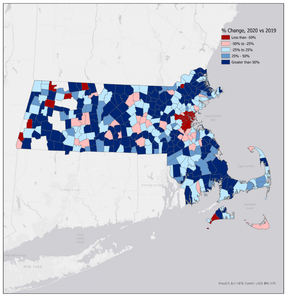 Map showing counties in Massachusetts with color corresponding to the percent change in biking activity. Most of state is positive with negative values centered around Boston.