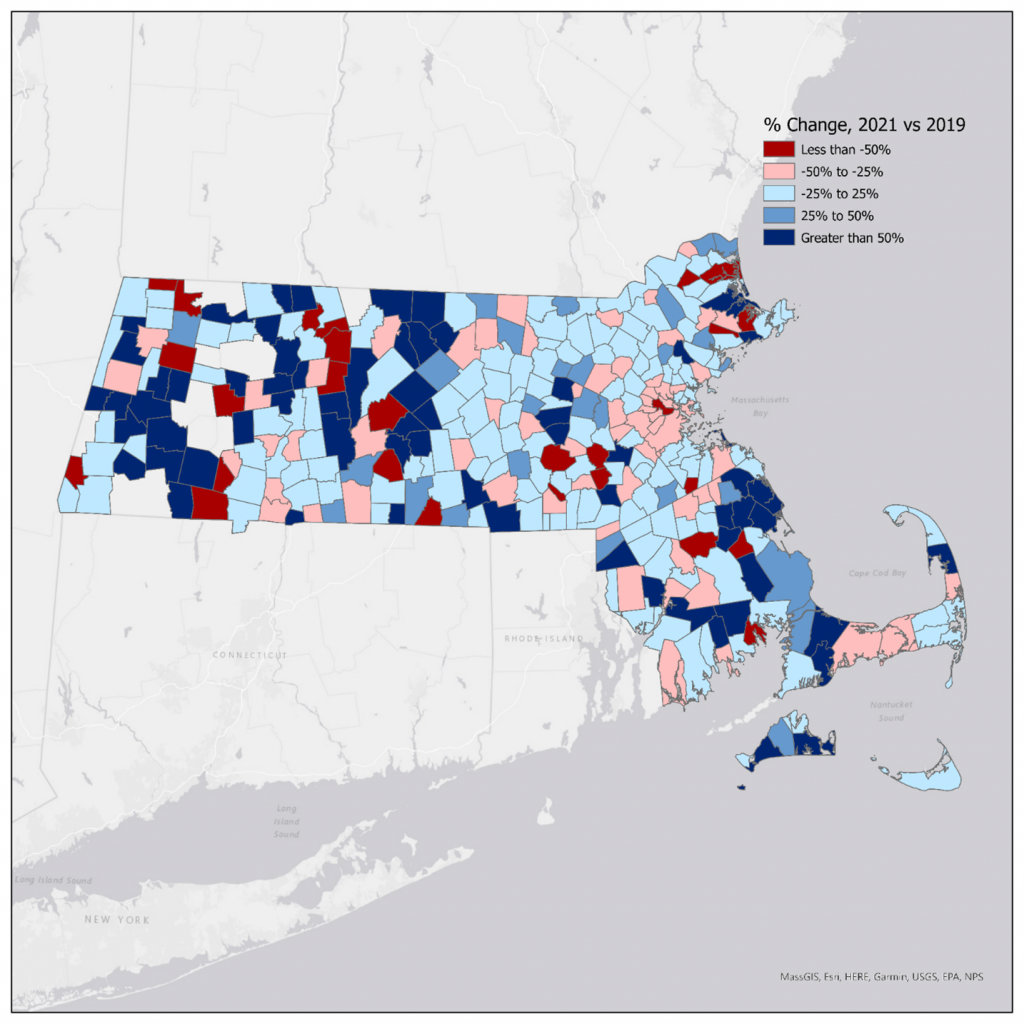Map of Massachusetts with colors corresponding to percent change of bike activity. Shows increase in areas around Boston and overall decrease outside of it.