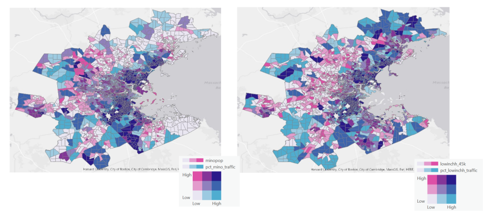 Two maps of the greater Boston area by census block group. Block groups are colored in by the percent of minority/low-income population and the percent of minority/low-income traffic for the left and right graph. 