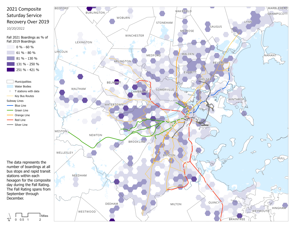 A map showing ridership recovery for Saturday service, comparing Fall 2021 to Fall 2019 