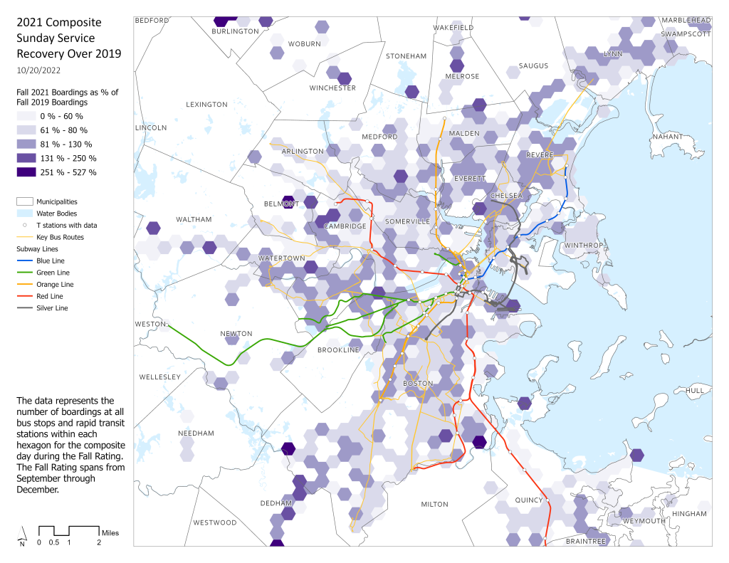 A map showing ridership recovery for Sunday service, comparing Fall 2021 to Fall 2019  